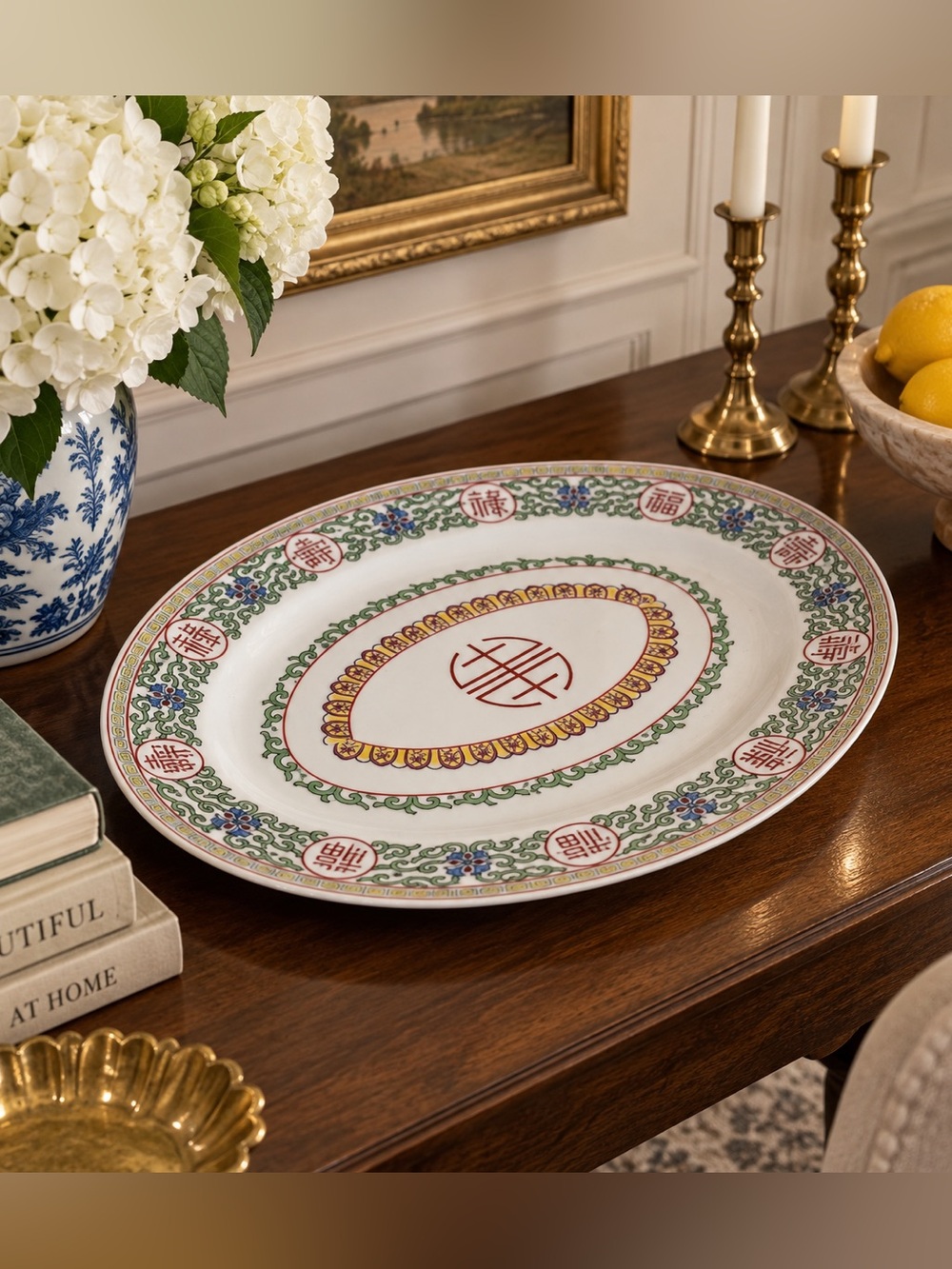 Decorative Chinese-Style Ceramic Serving Platter in White and Red